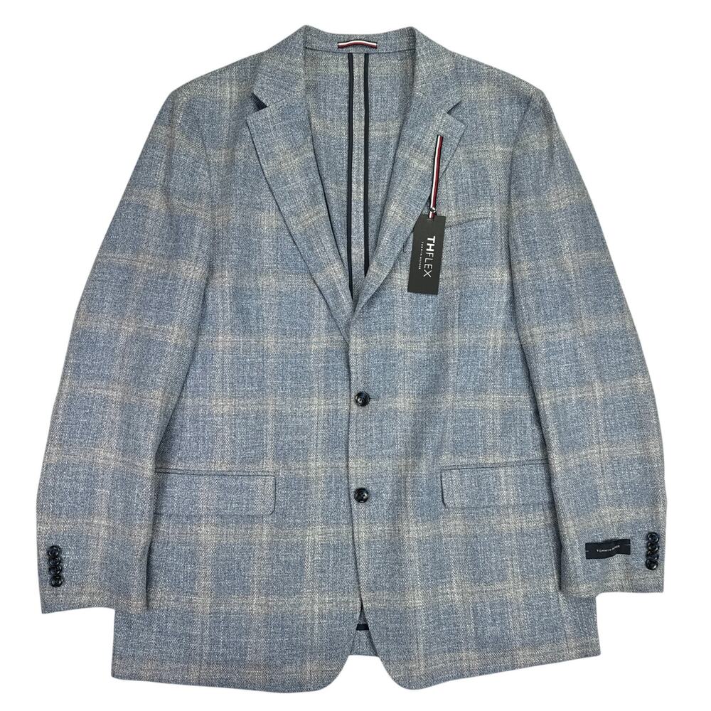 Tommy Hilfiger Mens TH Flex Gene Modern Fit Plaid Sport Coat Light Blue 46L